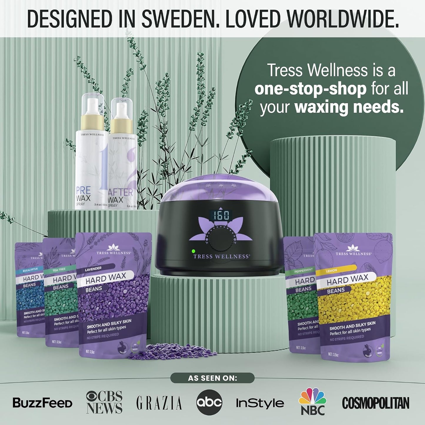 Tress Wellness Award Winning Waxing Kit for Sensitive Skin, Safe for Face & Skin, Easy to Use, At-Home Kit for Face, Bikini, Brazilian & Full Body - Digital Display, Black Purple Flower