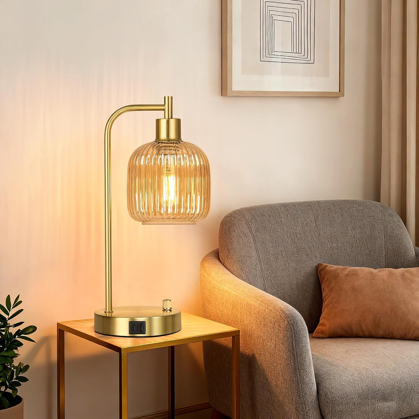QiMH Industrial Table Lamp for Bedroom Set of 2, Green Glass Beside Lamp with USB A&C Ports, Stepless Dimmable Gold Lamps, Nightstand Lamps for Living Room, Office, Home Decor(Bulb Included)