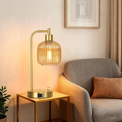 QiMH Industrial Table Lamp for Bedroom Set of 2, Green Glass Beside Lamp with USB A&C Ports, Stepless Dimmable Gold Lamps, Nightstand Lamps for Living Room, Office, Home Decor(Bulb Included)