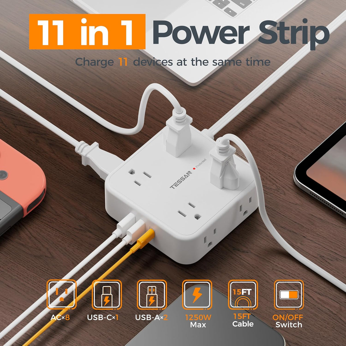 TESSAN Surge Protector Power Strip with 900J Surge Protection, 5 Ft, Grey