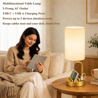 Dreamholder Touch Control USB Table Lamp with USB C/A & AC Outlet, 3-Way Dimmable Bedside Lamp, Modern Nightstand Lamps for Bedroom Living Room Guest Room Office, Bulb Included, Gold