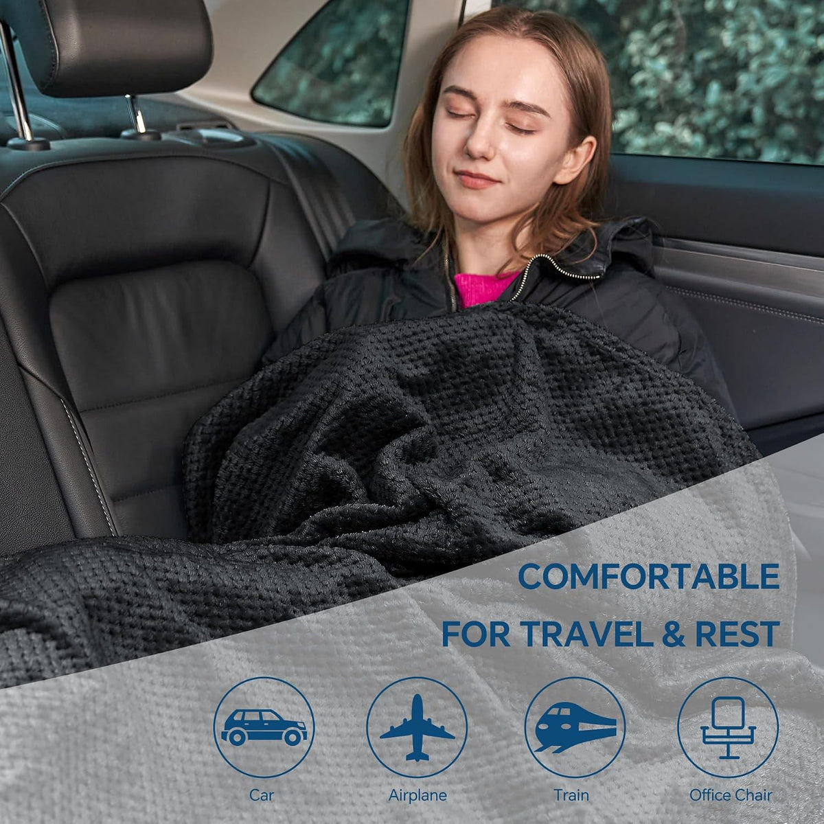 BEDELITE Travel Blanket with Bag, Jacquard Fleece Blanket 65"x40", Blue