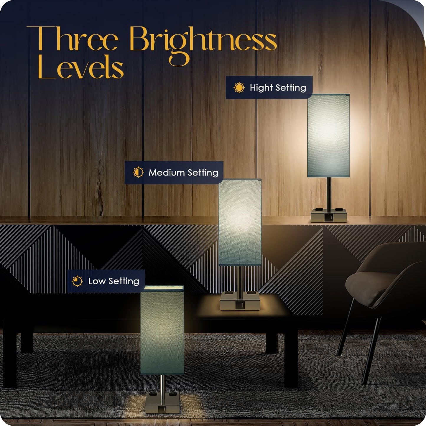 Bedside Table Lamp for Bedroom - Touch Small Lamp with USB C+A Charging Ports & AC Outlets, 3 Way Dimmable Nightstand Light for Living Room (LED Bulb Included, Grey)