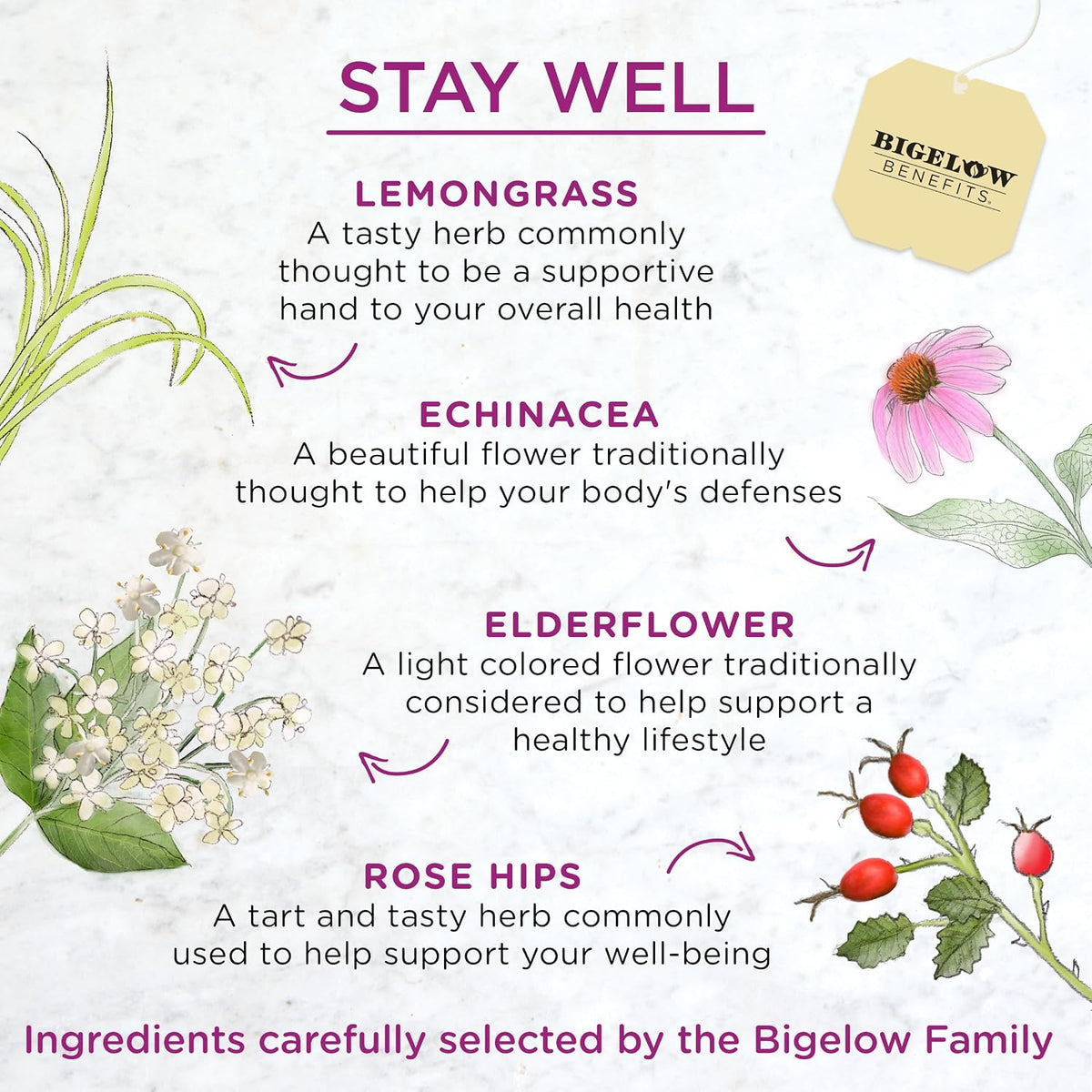 Bigelow Benefits Stay Well Lemon and Echinacea Herbal Tea, Caffeine Free, 18 Count (Pack of 6), 108 Total Tea Bags
