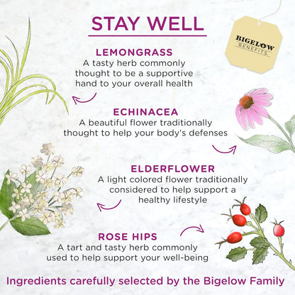Bigelow Benefits Stay Well Lemon and Echinacea Herbal Tea, Caffeine Free, 18 Count (Pack of 6), 108 Total Tea Bags