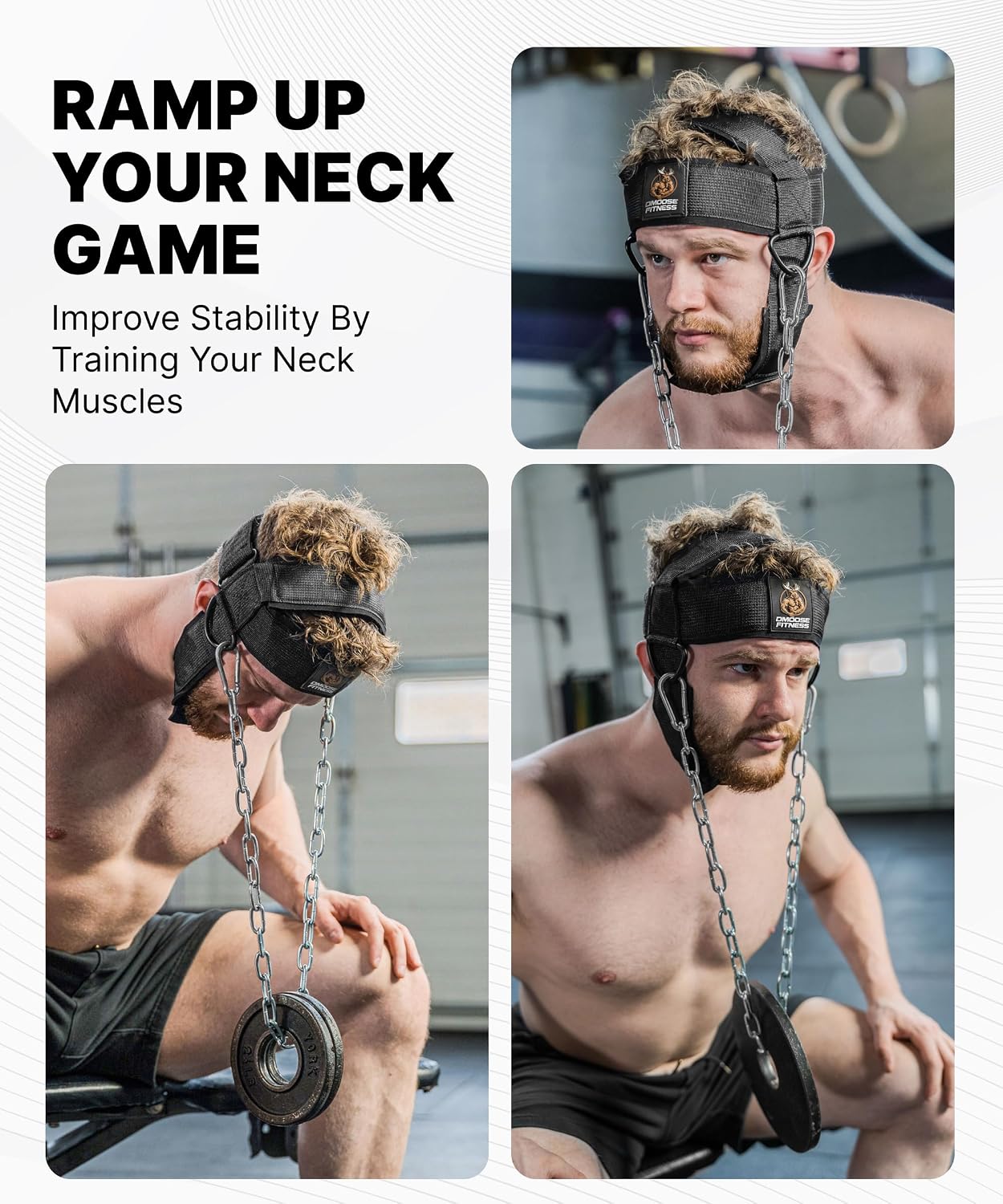 DMoose Fitness Neck Harness for Weight Lifting - Soft Padded Head & Chin Strap with 30" Heavy Duty Steel Chain - Neck Exerciser, Trainer & Strengthener to Support Injury Recovery and Intense Workouts