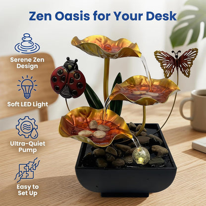 Tabletop Fountain,Indoor Water Fountain,Home Fengshui Décor Zen Relaxation Soothing Sound Machine for Office,Living Room,or Bedroom,Green Lotus,Hummingbird & Pink Flower,9.1inch