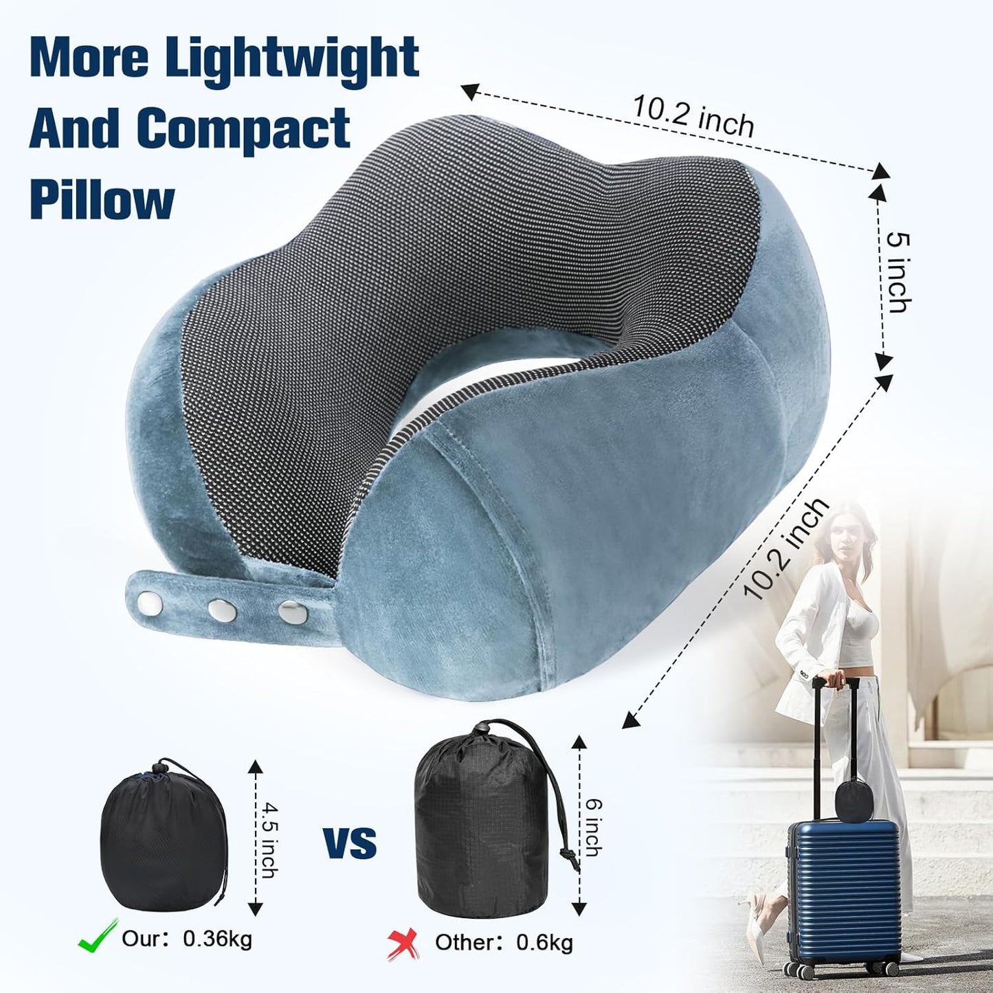 Cirorld Neck Pillow for Traveling, Travel Pillows for Airplanes,100% Pure Memory Foam Travel Neck Pillow, Adjustable Flight Pillow, Portable Plane Accessories with Eye Mask, Earplugs, Carry Bag