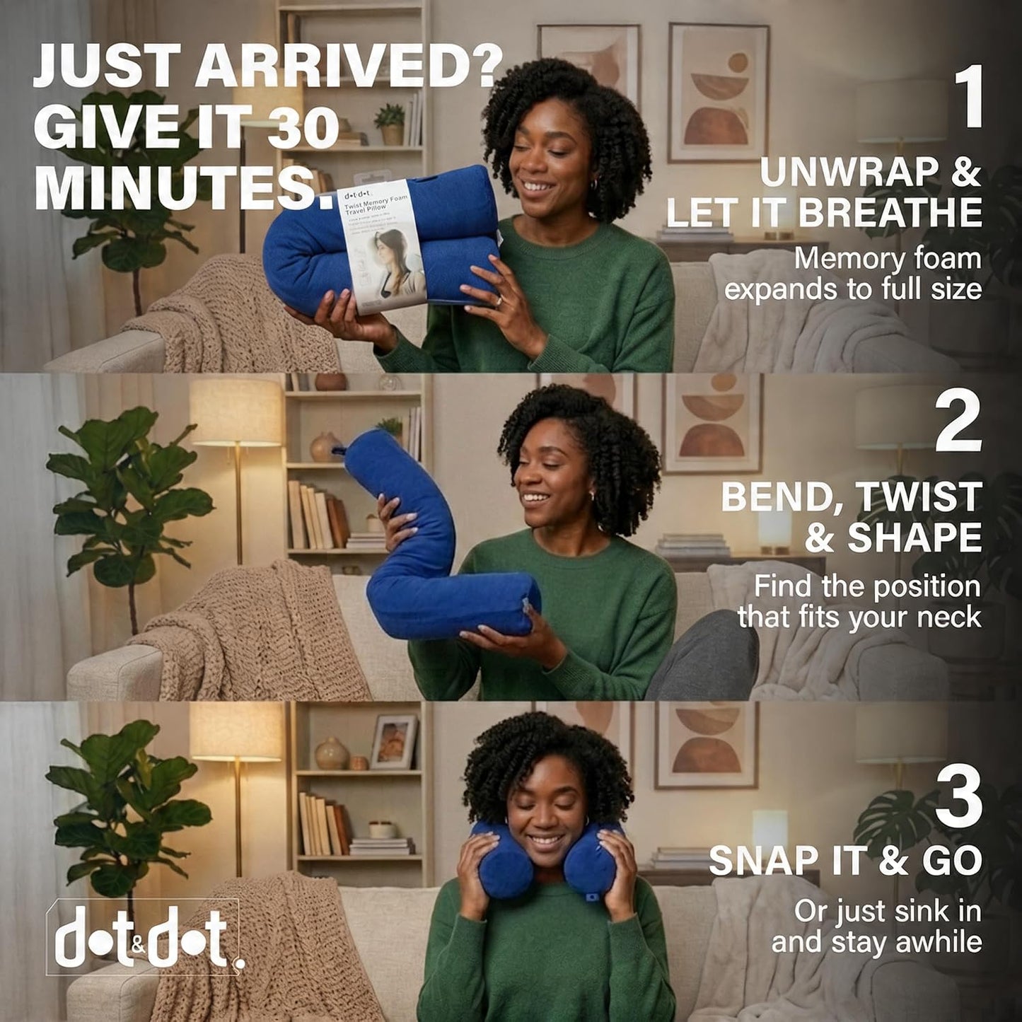 Dot&Dot Twist Memory Foam Travel Pillow, Bendable Neck Pillow for Airplane, Car and Home, 26-Inch Adjustable Roll with Washable Cotton Cover, Gray
