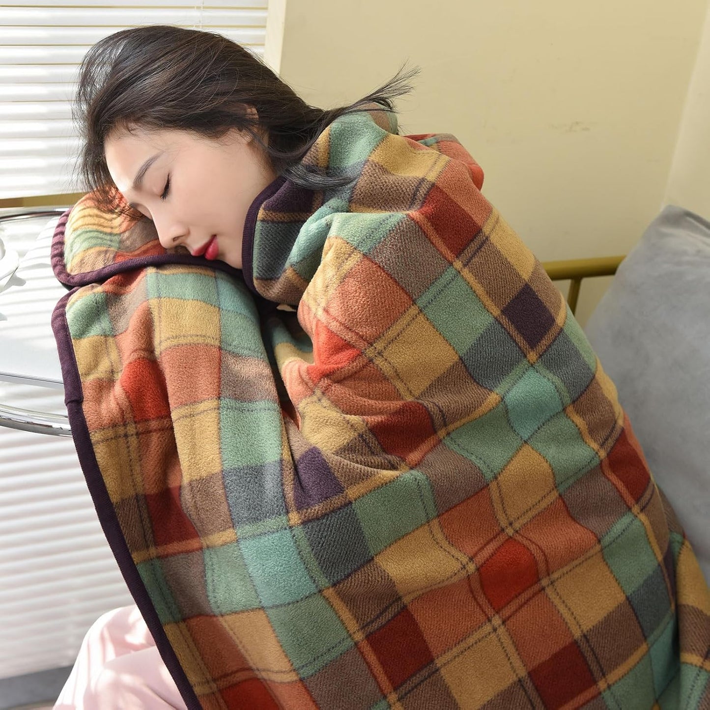 forestfish Fleece Wearable Blanket, Plaid Lap Blanket Comfy Poncho Throw with Buttons for Bed Sofa Office, Grey-White