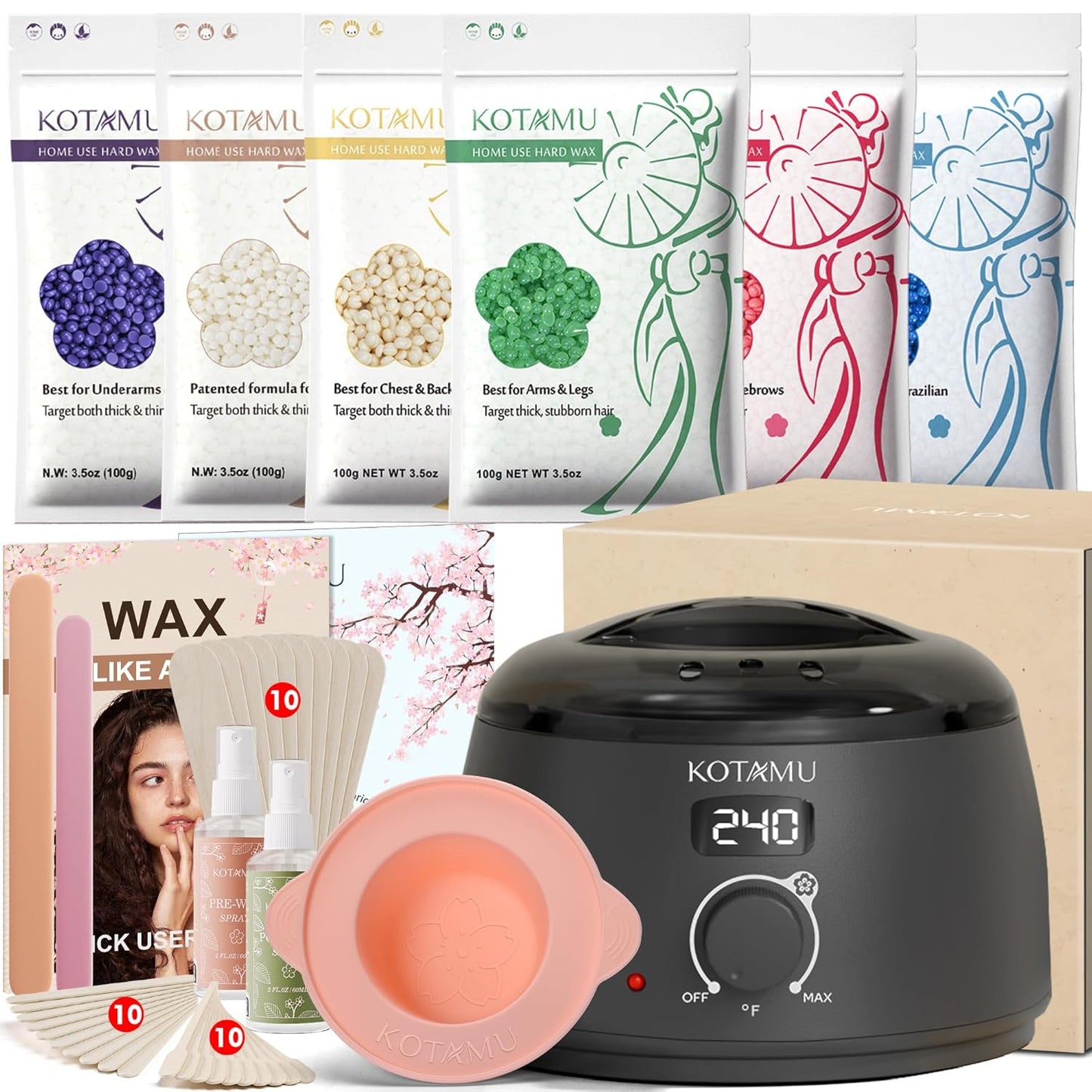 KOTAMU Waxing Kit for Women & Men, Pink Digital Wax Pot Warmer Hair Removal | Home Hard Wax Kit, Wax Machine, Face, Eyebrow, Bikini, Brazilian, Body, Sensitive Skin, 25 Accessories, Beginner-Friendly