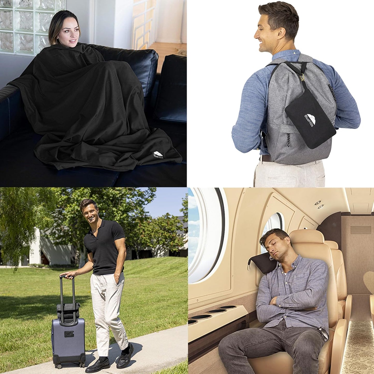 BlueHills Travel Blanket Pillow Compact Lightweight Pocket Size Airplane Traveling Essential Flight Trip Throw in Bag Portable Case Plane Accessory Gray L01
