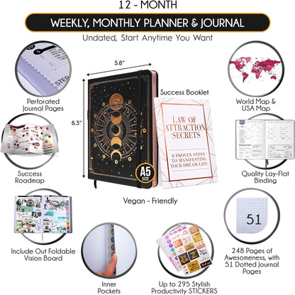 Life Planner - Undated Weekly & Monthly Planner, 12-Month Journey to Increase Productivity | Gratitude Journal, Life Organizer & Goal Journal | Include Foldable Vision Board, Habit Tracker & Stickers