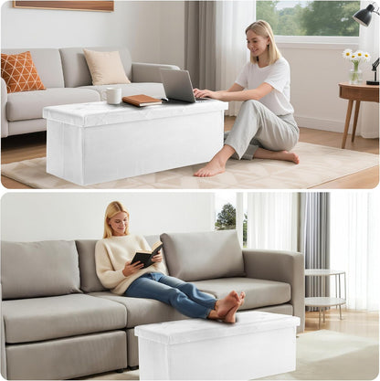 DUMOS 43 Inch Folding Storage Ottoman Bench, Large Hidden Storage Chest with Thicker Foam Padded Seat, End of Bed Foot Rest Stool for Bedroom Living Room Entryway, Load 660 lbs, Grey