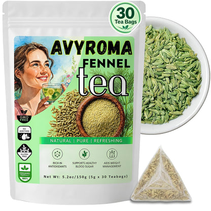 AVYROMA Premium Organic Fennel Seed Tea - Natural Herbal Infusion for Detox, Digestive Health - Caffeine-Free, Herbal Tea, 100% Pure and Natural Ingredients, 30 Teabags