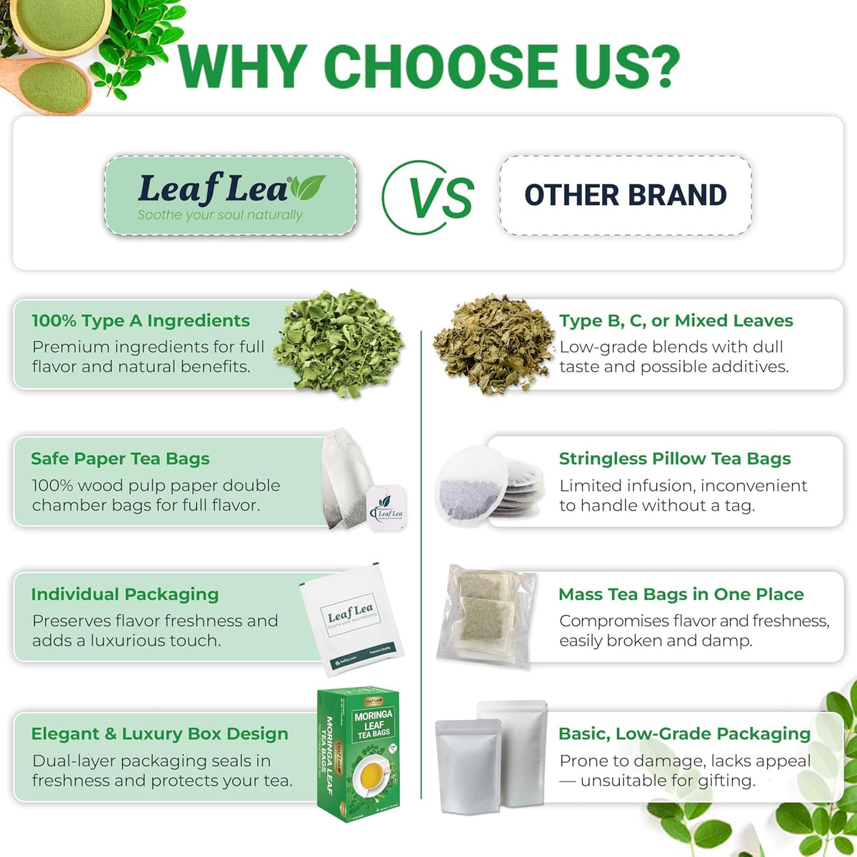 LeafLea Moringa Tea Bags, Pure Moringa Leaf Herbal Tea, 80 Count, 2 Boxes
