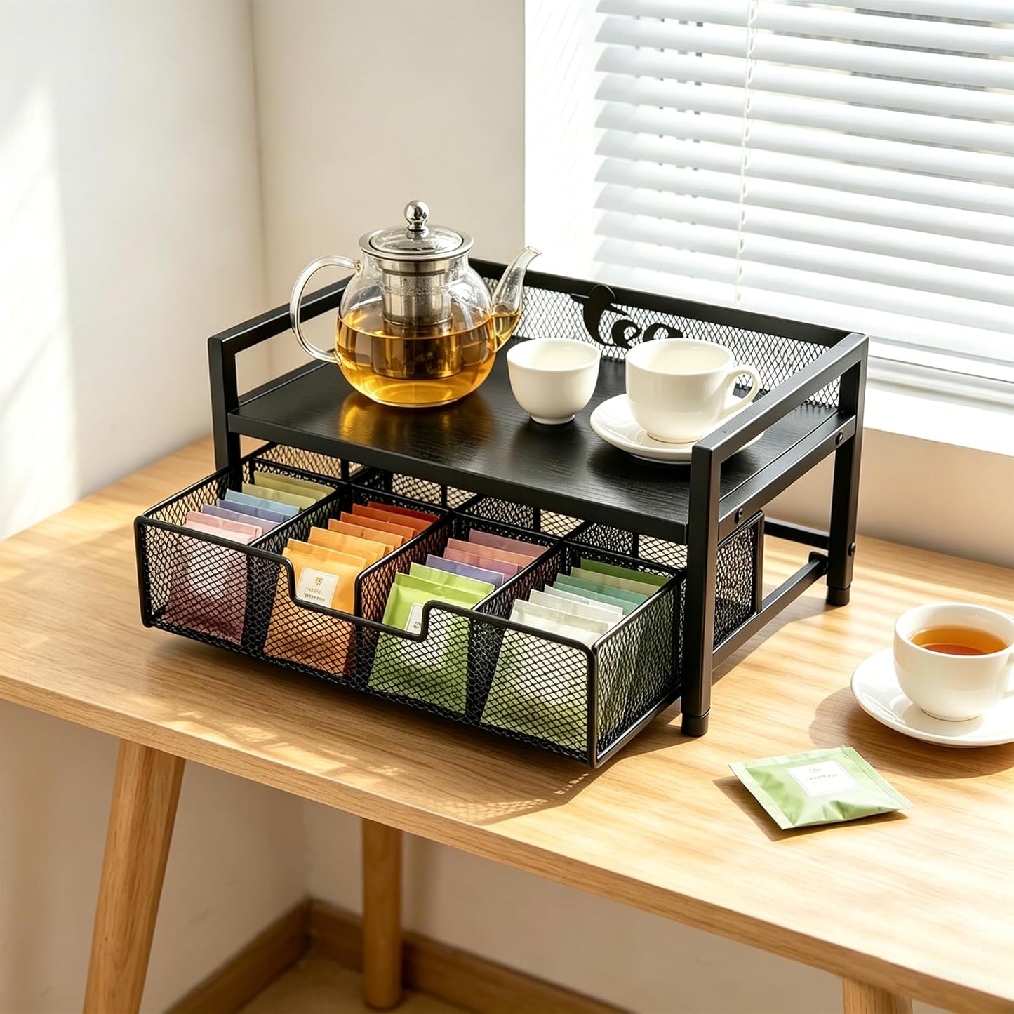 2 Tier Tea Bag Organizer and Storage - 8 Drawer Sliding Tea Box Organizer, Tea Bar Accessories Organizer for Countertop, Bar Station, Kitchen (Rustic Brown)