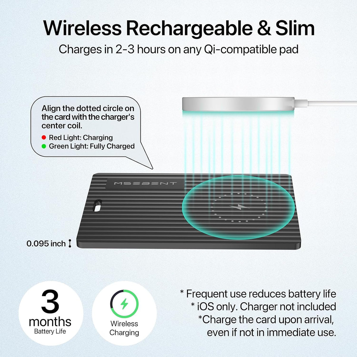 Air Tag Wallet Tracker Card, Rechargeable with Wireless Charging, Works with Apple Find My (iOS Only), Apple MFi Certified, IP67 Waterproof Item Finder for Wallet, Passport & Luggage