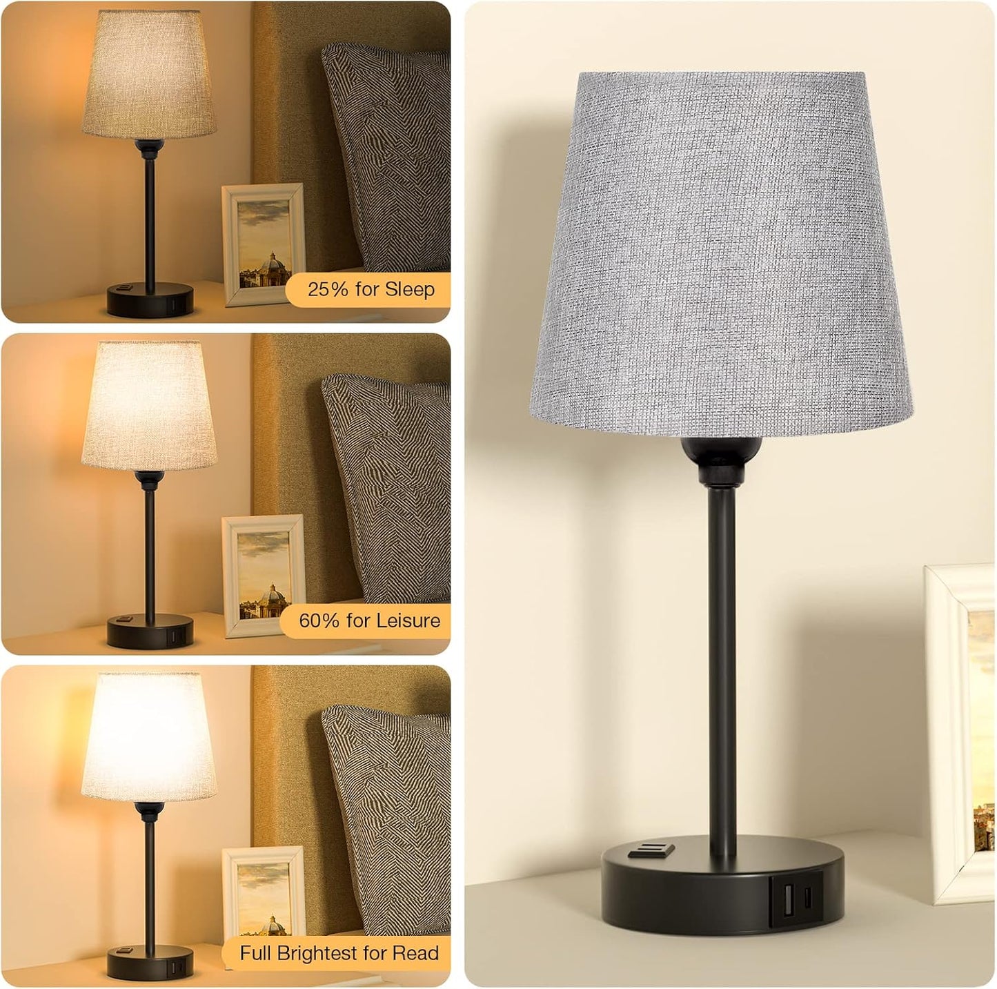 Mini Bedside Lamps for Bedrooms Set of 2 - Nightstand Bedroom Lamps with USB C Port and AC Outlet Charging, Dimmable Touch Small Bed Side Table Lamp, Black Night Stand Light for Kids/Guest Room