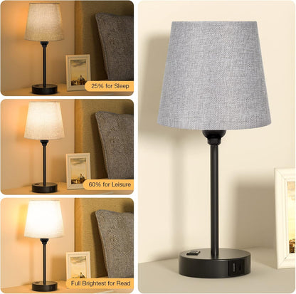 Mini Bedside Lamps for Bedrooms Set of 2 - Nightstand Bedroom Lamps with USB C Port and AC Outlet Charging, Dimmable Touch Small Bed Side Table Lamp, Black Night Stand Light for Kids/Guest Room