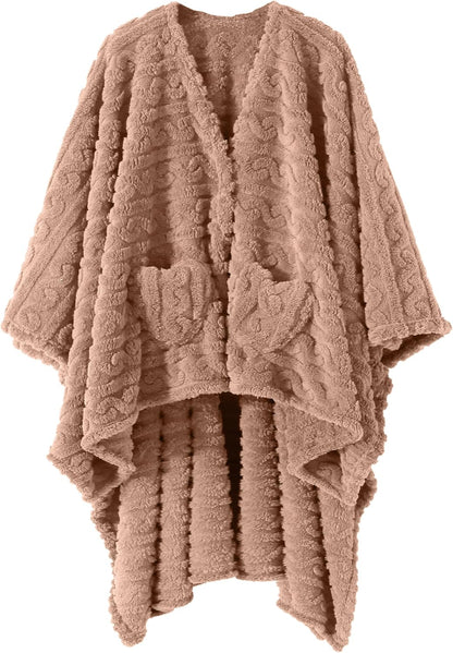 Wearable Blanket Poncho Cape Wrap for Adult, Cozy Sherpa Fleece Pocketed Shawl TV Throw Blankets for Office and Lounge(Purple,58'' x 64'')