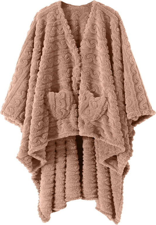 Wearable Blanket Poncho Cape Wrap for Adult, Cozy Sherpa Fleece Pocketed Shawl TV Throw Blankets for Office and Lounge(Purple,58'' x 64'')