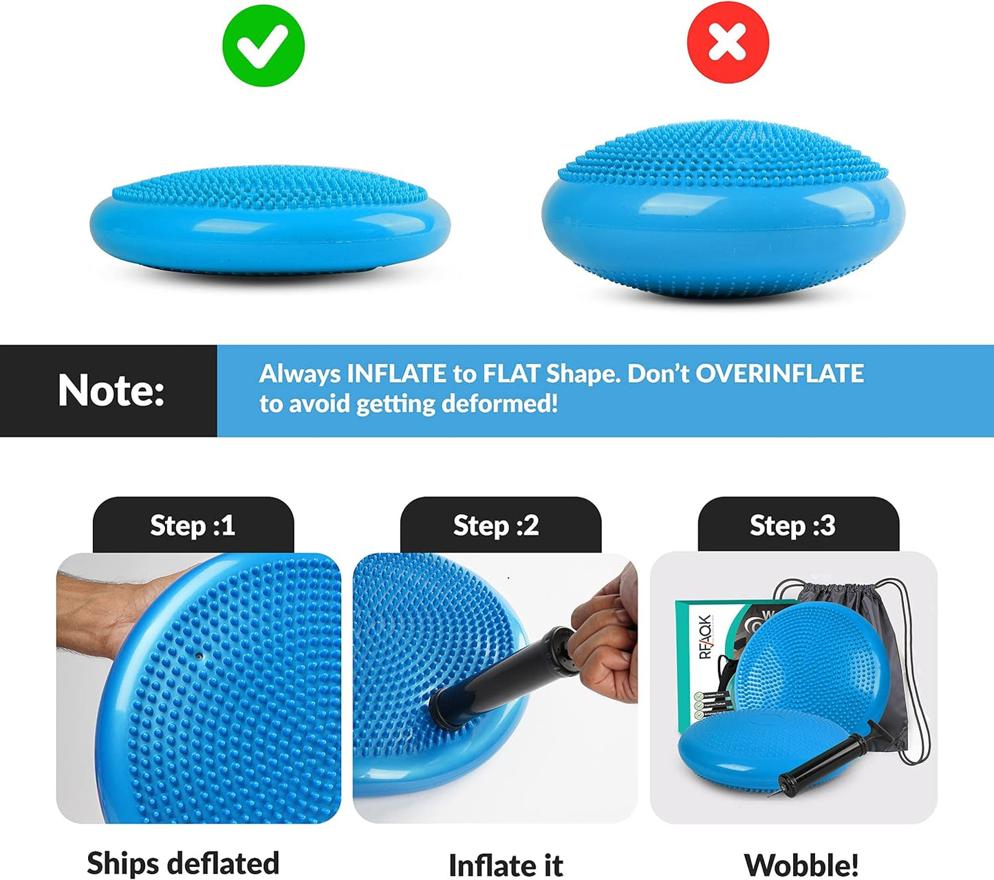 RFAQK Inflated Air Stability Wobble Cushion - Wiggle Seat to Improve Sitting Posture & Attention, Stability Balance Disc for Physical Therapy Exercise [Extra Thick, Pump, Bag, E-Book Included]