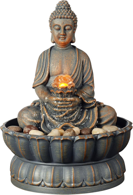 Kalona Tabletop Water Fountain with Buddha, LED Light Indoor Waterfall