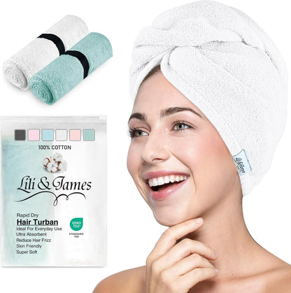 Lili&James 100% Cotton Hair Towel Wrap for Women & Kids – 420 GSM Quick Dry Hair Turban with Double Button Loop, Anti Frizz Non Microfiber Hair Drying Towel for Curly, Long & Thick Hair (Lilac)