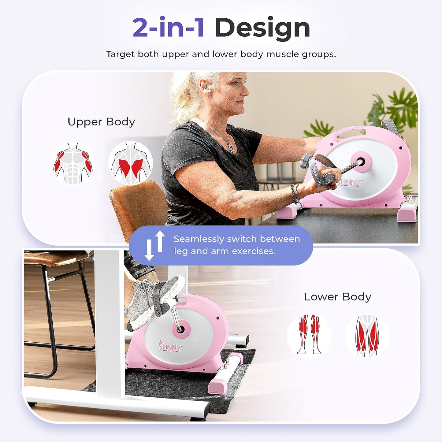 Sunny Health & Fitness Smart Under-Desk Bike Exerciser, Low-Impact Cardio Cycling Equipment for Home/Office, Mini Paddler for Arm/Leg Mobility Training, Free SunnyFit App