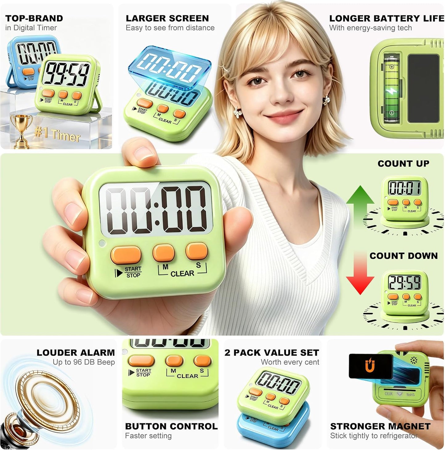 Antonki 2 Pack Digital Timer for Kids Classroom Kitchen Timers for Cooking
