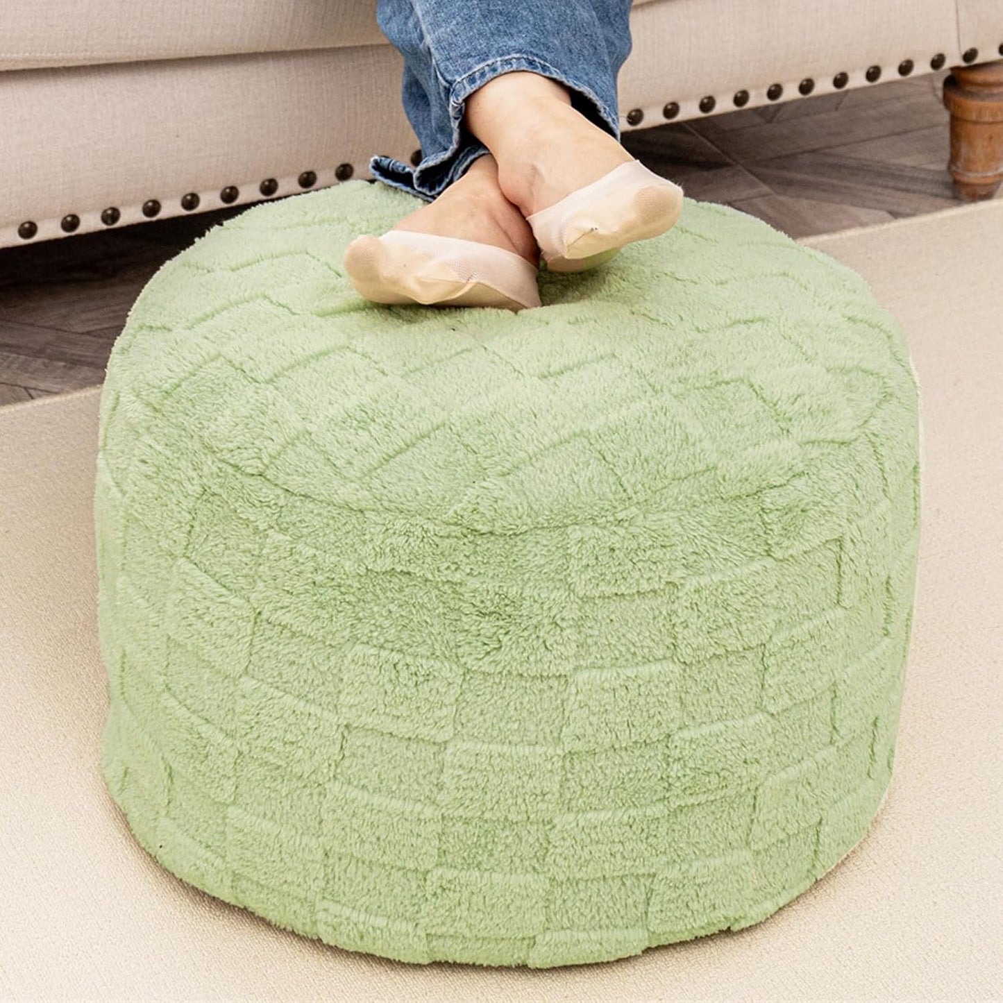 Round Pouf Ottoman 20 x 20 x 14 Inches Boho Poof Home Decor Floor Pouffe Ottoman Foot Rest for Couch Sofa Bean Bag Chairs Living Room Bedroom (Green)