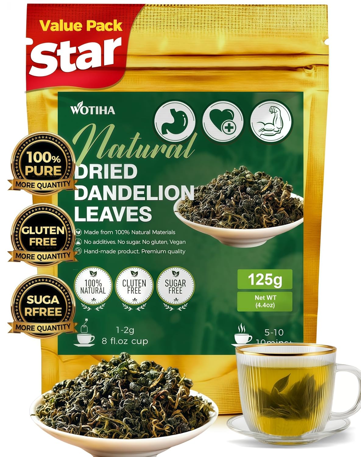 WOTIHA 60 Count Premium Dandelion Root Tea Bags - 100% Natural Roasted, Supports Liver & Kidney Health, Digestion & Immunity, Caffeine-Free, Additive-Free, Gluten-Free, Vegan.