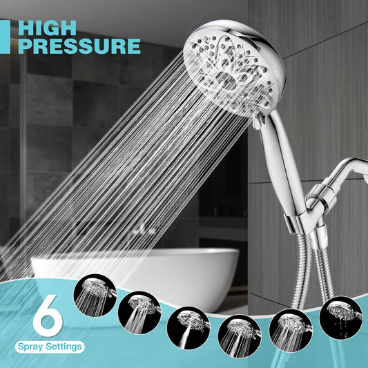 JDO High‑Pressure 6‑Setting Handheld Shower Head, 4.7 Inch Chrome