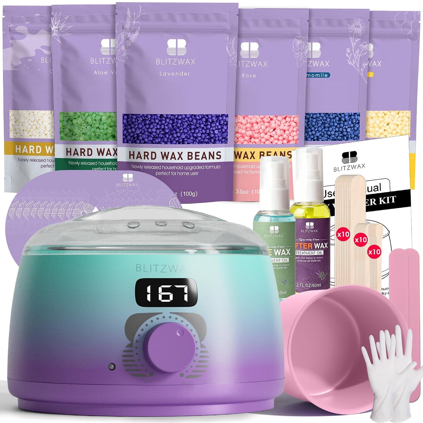 BLITZWAX Brazilian and Bikini Waxing Kit for Women, Hard Wax Warmer for Face, Legs and Body, At Home Hair Removal Kit, Beginner Friendly, Digital Fast Heating, 51 Wax Items