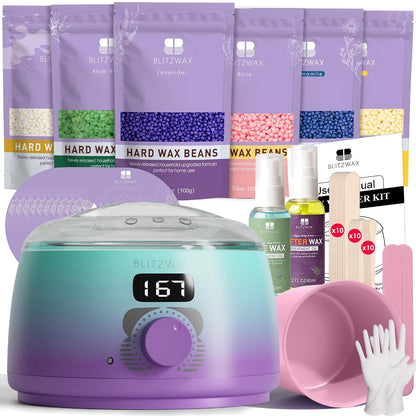 BLITZWAX Brazilian and Bikini Waxing Kit for Women, Hard Wax Warmer for Face, Legs and Body, At Home Hair Removal Kit, Beginner Friendly, Digital Fast Heating, 51 Wax Items