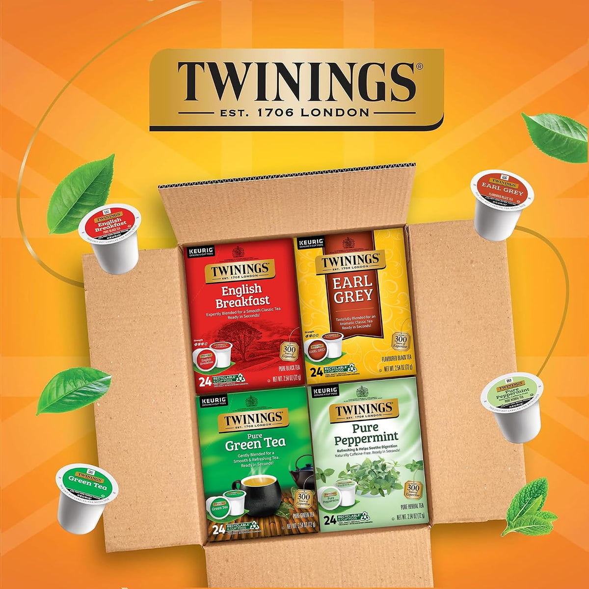 Twinings 96 K-Cup Pods Variety Pack 24 Count (Pack of 4), English Breakfast, Earl Grey, Green, and Pure Peppermint Tea for Keurig and Single Cup Brewers, Enjoy Hot or Iced
