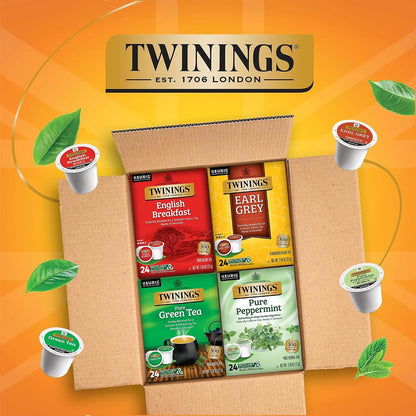 Twinings 96 K-Cup Pods Variety Pack 24 Count (Pack of 4), English Breakfast, Earl Grey, Green, and Pure Peppermint Tea for Keurig and Single Cup Brewers, Enjoy Hot or Iced
