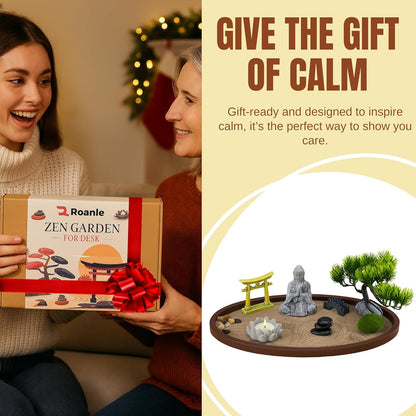Zen Garden for Desk 13x8in – Japanese Decor with Buddha, Artificial Bonsai Tree, Tools & Accessories – Mini Zen Garden Kit for Office Desk, Home, Meditation Room, Desktop Gift Set
