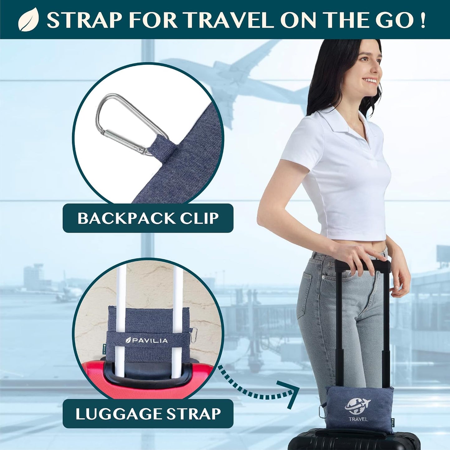PAVILIA Travel Blanket Airplane Compact Pillow with Bag for Flights, Navy