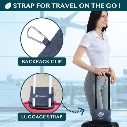 PAVILIA Travel Blanket Airplane Compact Pillow with Bag for Flights, Navy