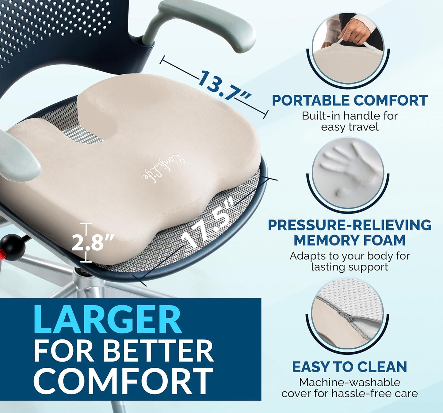 ComfiLife Gel Enhanced Seat Cushion – Office Chair Cushion – Non-Slip Gel & Memory Foam Coccyx Cushion for Tailbone Pain - Desk Chair Car Seat Cushion Driving - Sciatica & Back Pain Relief (Navy)