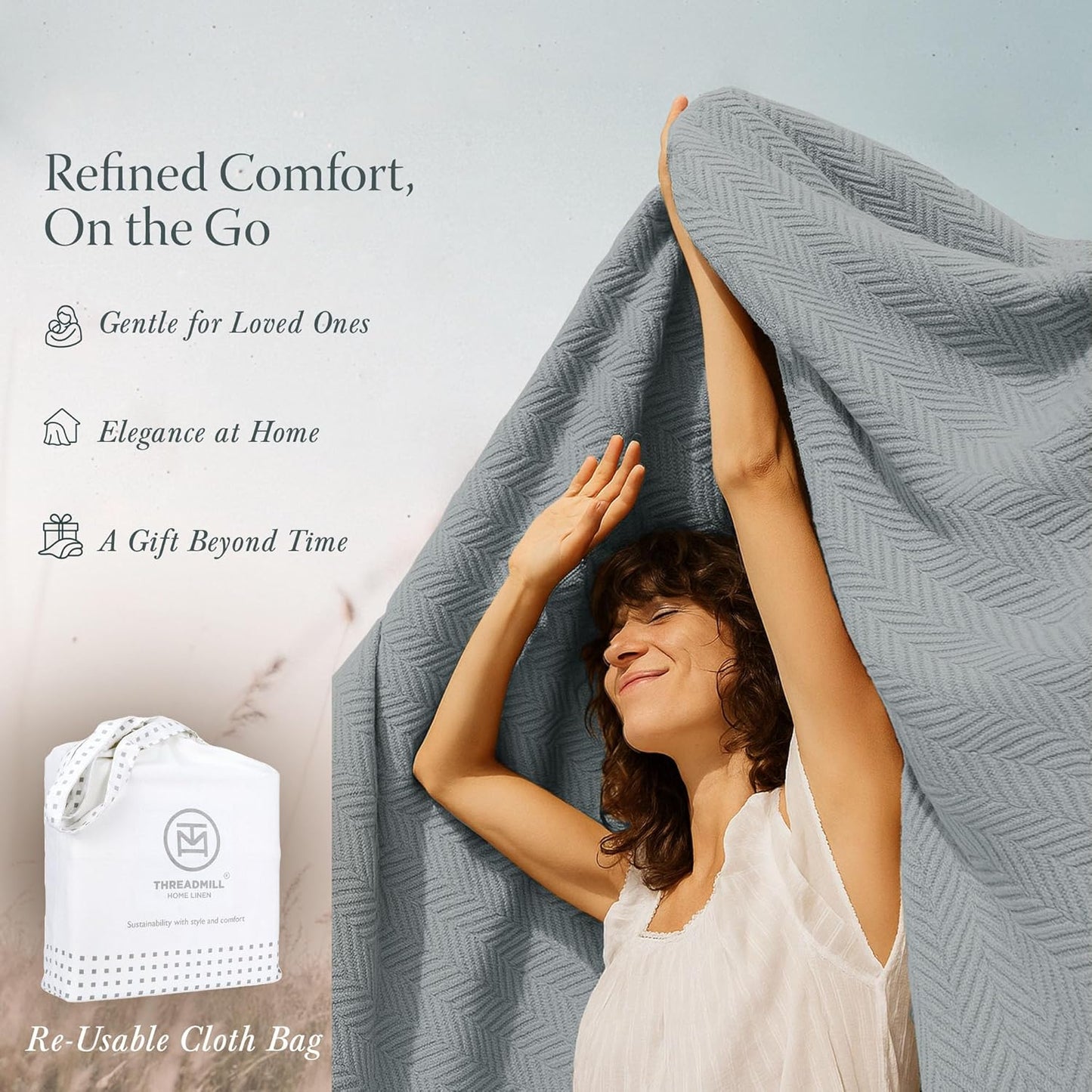 Threadmill Travel Blanket Cotton Viscose from Bamboo - Airplane Premium Soft Flight Grey Throw Blanket in Cloth Bag (Grey Color) Compact & Portable Blanket for Travel, Car, Picnic & Camping