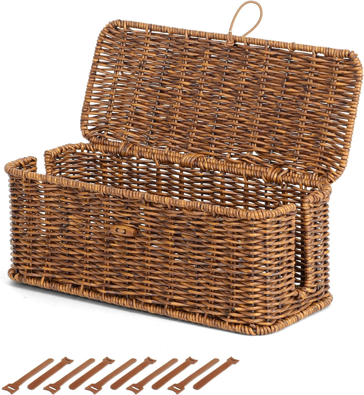 Cable Management Box, Cord Organizer with Lid & Cable Ties - Brown, L