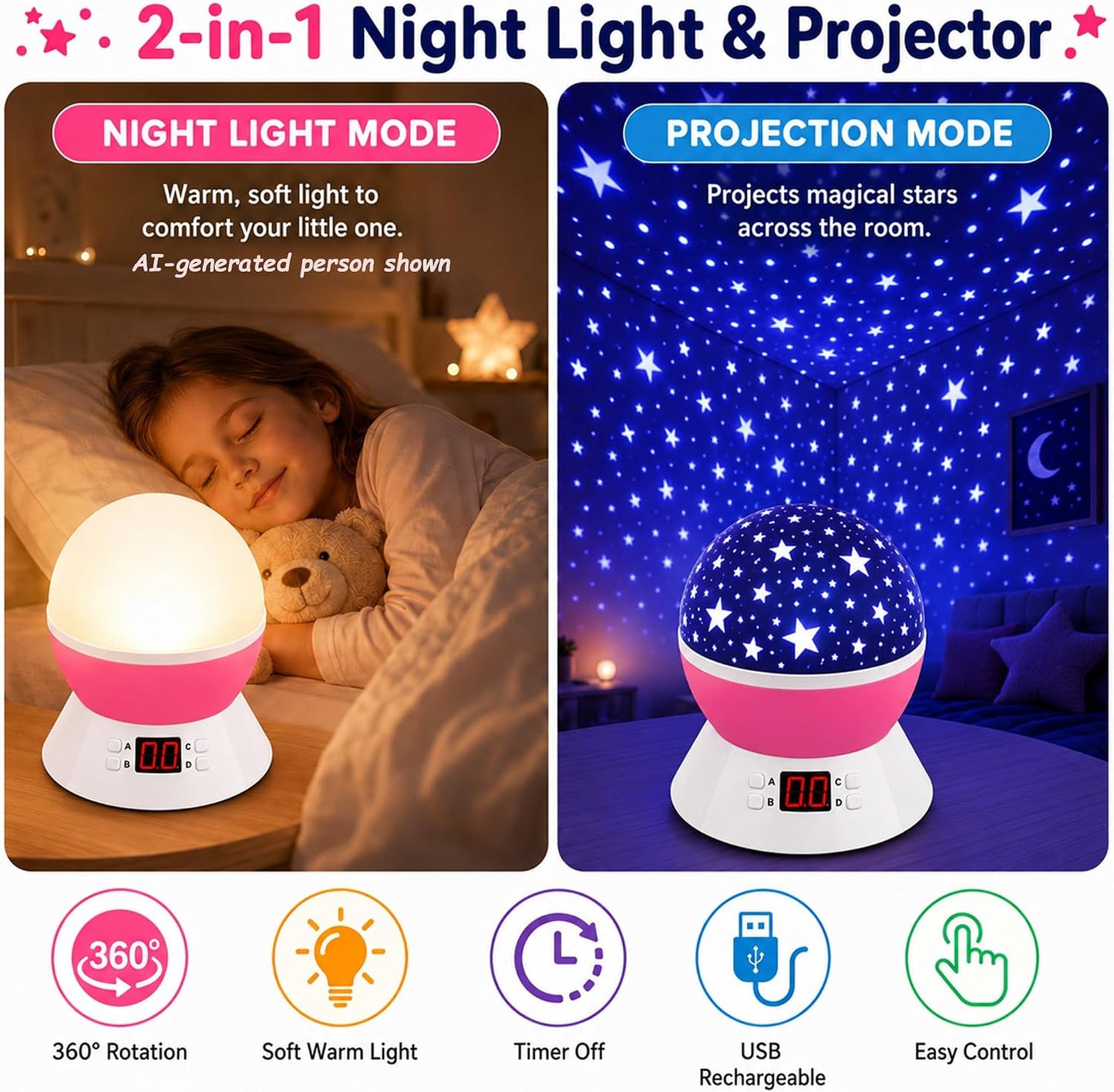 Kids Star Projector Night Light, Star Night Light Projector for Kids, Ceiling Stars Projection Lamp with Timer, 360° Rotating Night Light for Bedroom, Birthday Gift for 3 4 5 Year Old Girls Boys Black