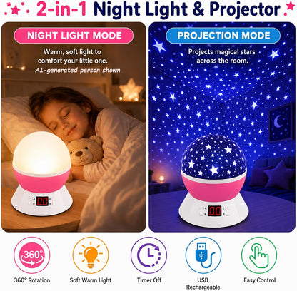 Kids Star Projector Night Light, Star Night Light Projector for Kids, Ceiling Stars Projection Lamp with Timer, 360° Rotating Night Light for Bedroom, Birthday Gift for 3 4 5 Year Old Girls Boys Black