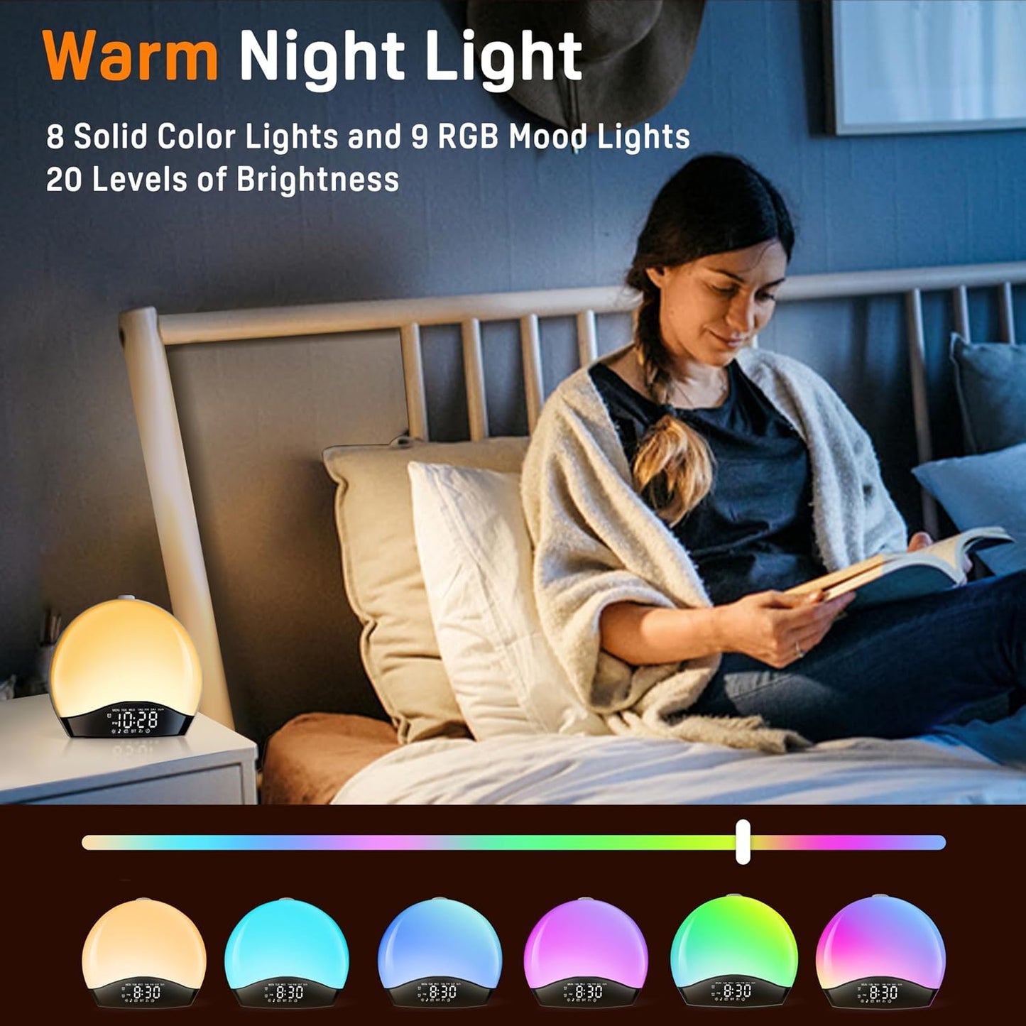JALL Full Screen Dimmer Sunrise Alarm Clocks for Bedrooms, Wake Up Light with FM Radio, 25 White Noise Sleep Sounds, Bluetooth Speaker, Dual Alarms Bedside Clock for Heavy Sleepers