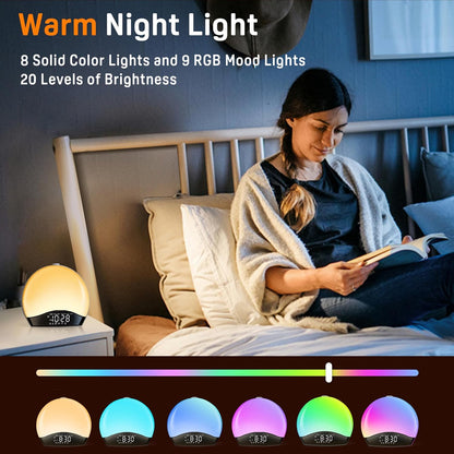JALL Full Screen Dimmer Sunrise Alarm Clocks for Bedrooms, Wake Up Light with FM Radio, 25 White Noise Sleep Sounds, Bluetooth Speaker, Dual Alarms Bedside Clock for Heavy Sleepers