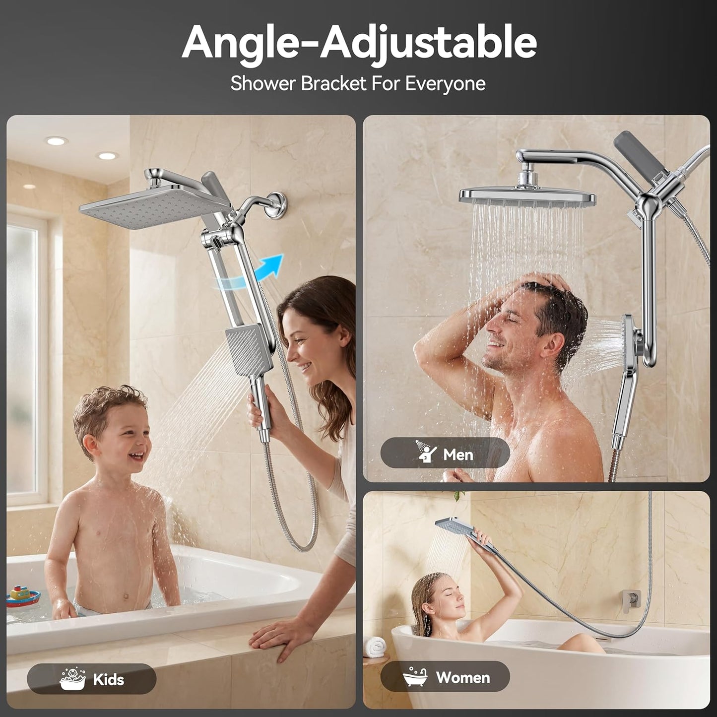 Dual Filtered Rainfall Handheld Shower Head Spray Combo, DAKINGS 7-Mode Shower Head With Handheld Spray Combination, Upgraded 11" High Flow Rain Handheld Spray Combo With Fixed Showerhead, Matte Black