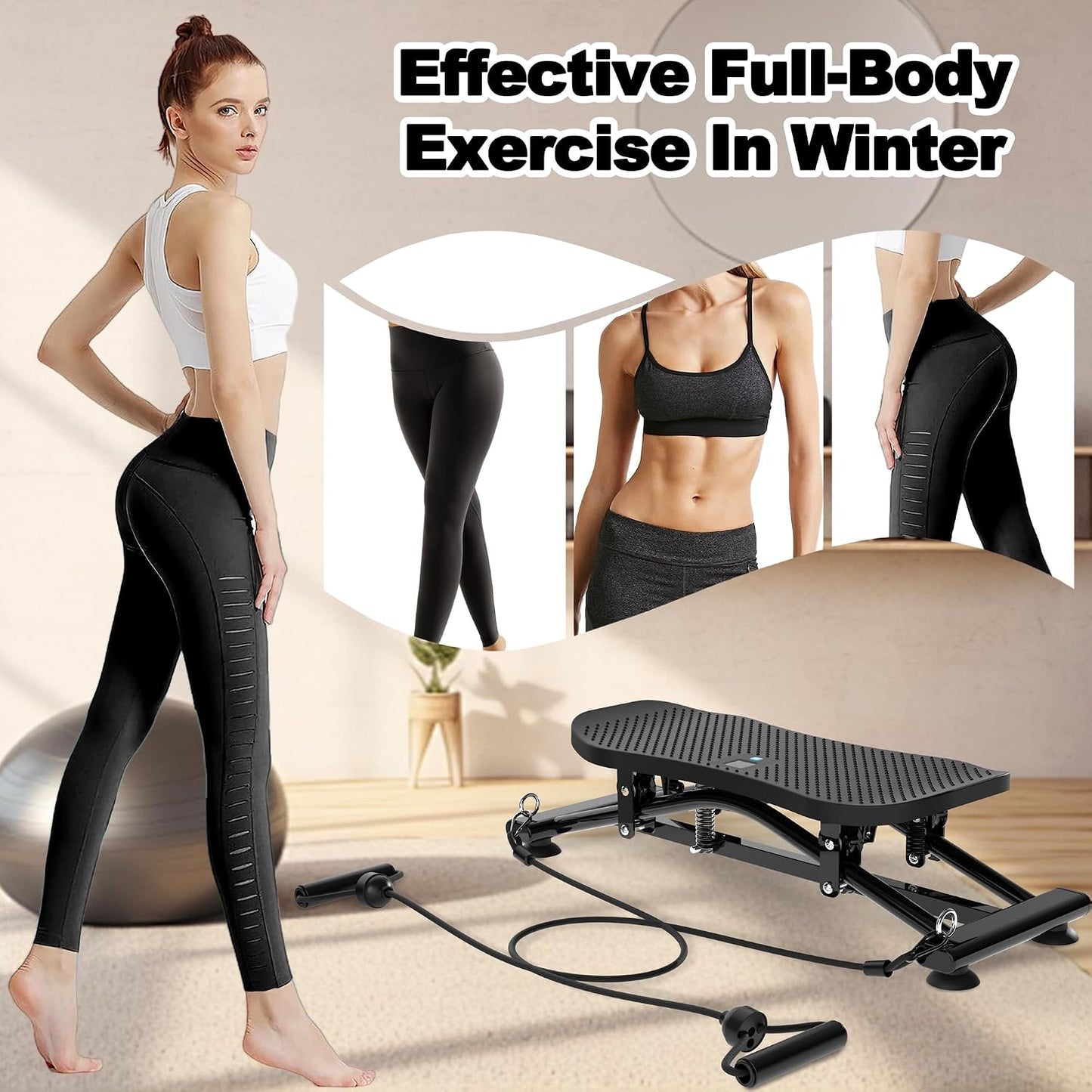 KINMAC 2-in-1 Rocking Stepper with Resistance Bands, Portable Balance Board for Exercise at Home, Quiet Mini Stair Stepper with LCD Monitor, Ski Trainer for Workout Home Gym